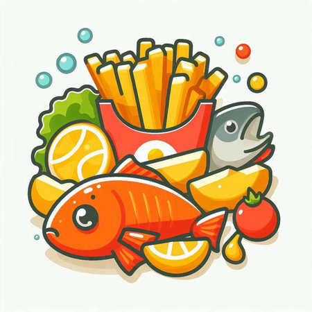 Fried fish, chips, vegetables and fruits. Vector illustration of fresh seafood.のイラスト素材