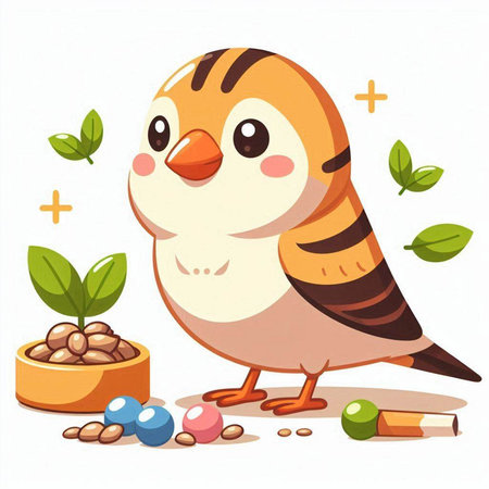 Cute little bird with a bowl of food. Vector illustration.のイラスト素材