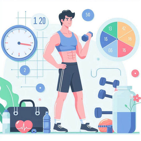 Fitness man with dumbbells and bottle of water. Vector illustration in flat styleのイラスト素材