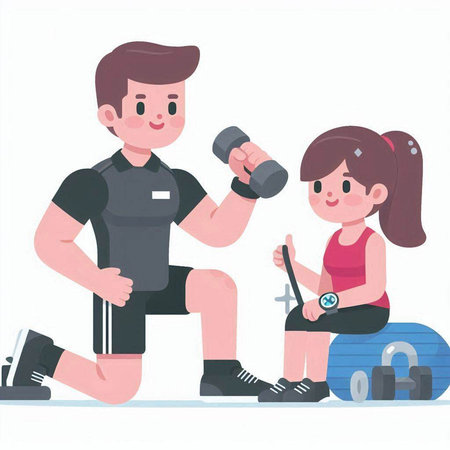 Cute little girl and boy doing exercises with dumbbells. Vector illustration.のイラスト素材