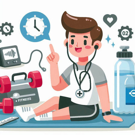 Young man in sportswear sitting on fitness mat with stethoscopeのイラスト素材