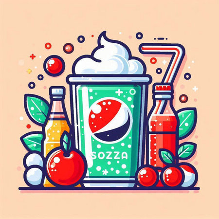 Cocktail drink in paper cup with ice cream, cherry, apple and cherry. Vector illustration.のイラスト素材