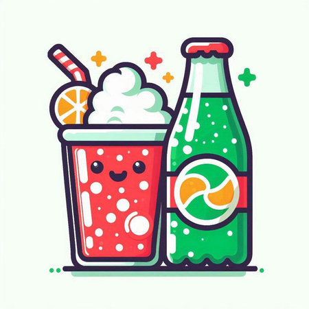 Vector illustration of two bottles of cola with ice and straws.のイラスト素材