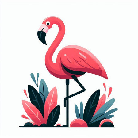 Pink flamingo on the background of tropical plants. Vector illustration.のイラスト素材