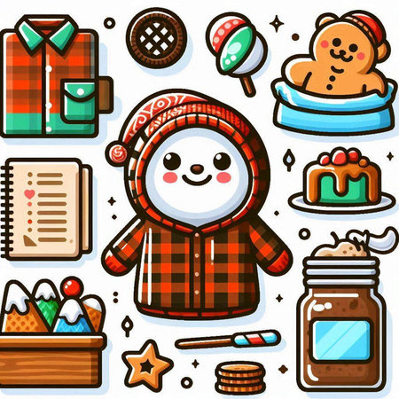 Cute snowman and winter holiday icon set. Vector illustration.のイラスト素材