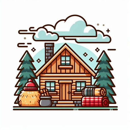 Log cabin in the woods. Vector illustration of a log house.のイラスト素材