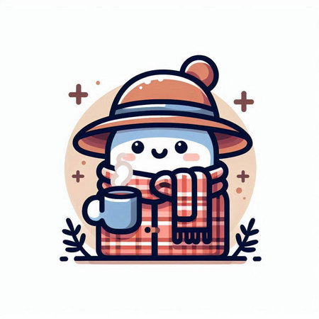 Cute snowman with a cup of hot drink. Vector illustration.のイラスト素材