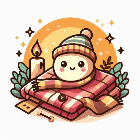 Cute cartoon snowman on a warm plaid. Vector illustration.のイラスト素材