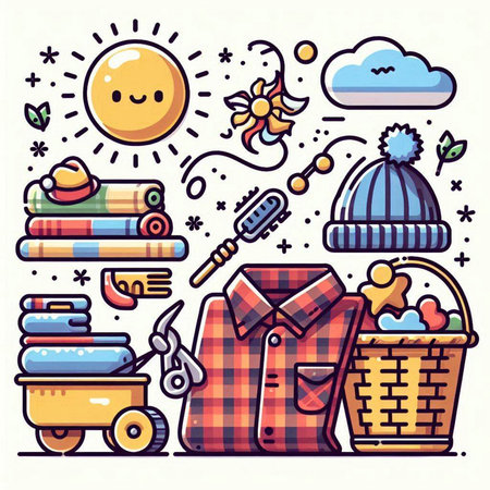 Vector illustration of children's clothing, accessories and toys. Doodle style.のイラスト素材