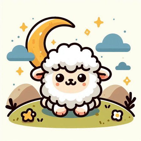 Cute sheep with moon on the meadow. Vector illustration.のイラスト素材