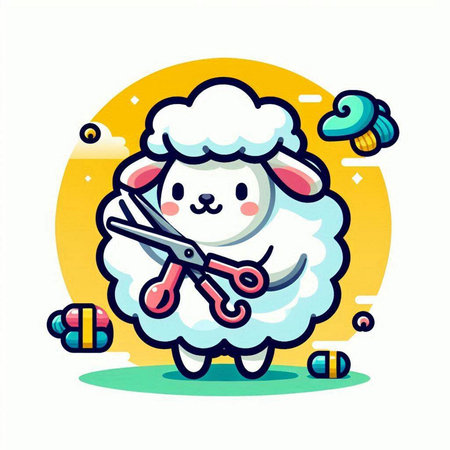 Cute sheep with scissors and tailoring tools. Vector illustration.のイラスト素材