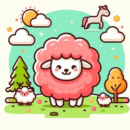Cute sheep in the forest. Vector illustration of a cartoon character.のイラスト素材