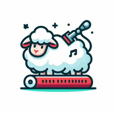 Cute sheep riding on a conveyor belt. Vector illustration.のイラスト素材