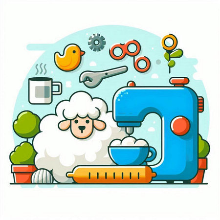 Vector illustration of a cute cartoon sheep with a mixer in the kitchenのイラスト素材