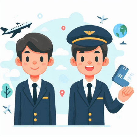 Airline pilot and stewardess. Vector illustration in flat styleのイラスト素材