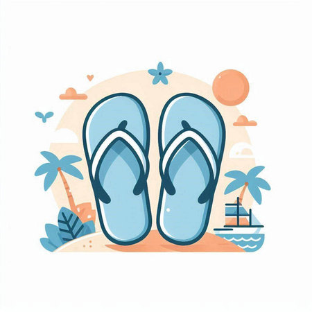 Flip-flops on the beach. Vector flat illustration.のイラスト素材