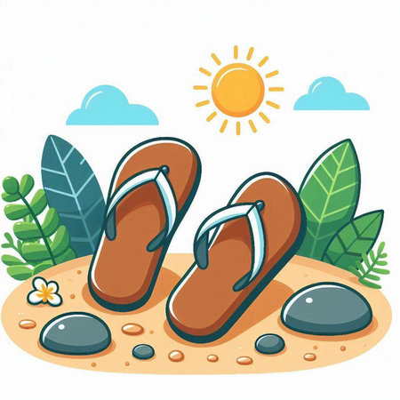 Illustration of a pair of flip flops on the sand surrounded by plantsのイラスト素材