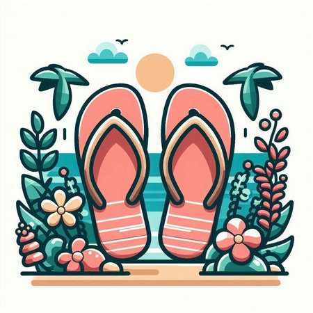 Flip flops on the beach. Vector illustration in flat styleのイラスト素材