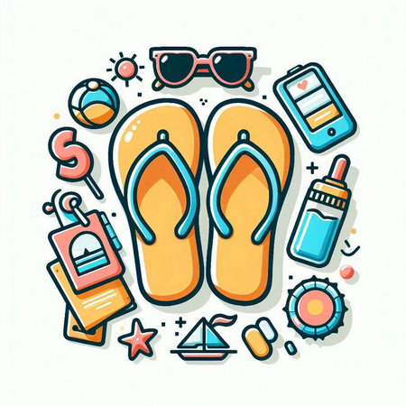 Flip-flops, sunglasses, sunscreen, camera and other summer items. Vector illustration.のイラスト素材