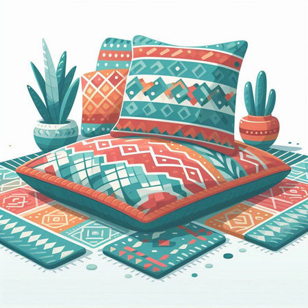 Illustration of a cozy bed with pillows and a potted plantのイラスト素材