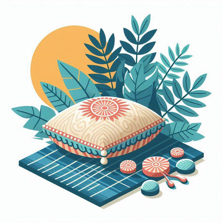 Vector illustration of pillow in flat style on the background of the sunのイラスト素材