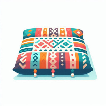 Illustration of a colorful pillow with a geometric pattern on a white backgroundのイラスト素材