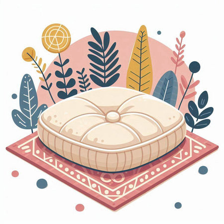 Vector illustration of a pillow on a mat with leaves and plants.のイラスト素材