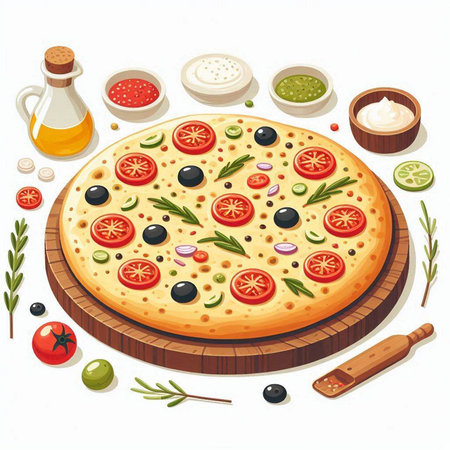 Pizza with tomatoes, olives and herbs on a white background.のイラスト素材