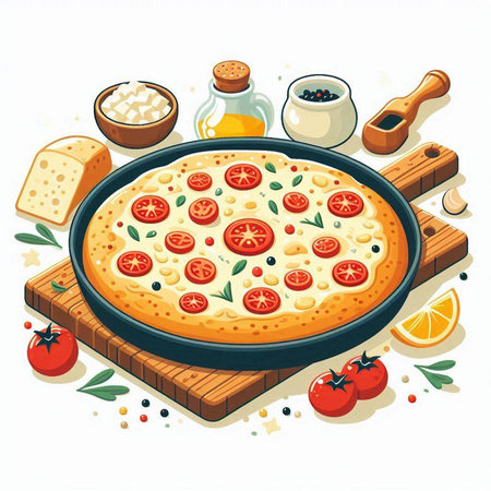 Illustration of pizza with tomatoes, mozzarella and olivesのイラスト素材