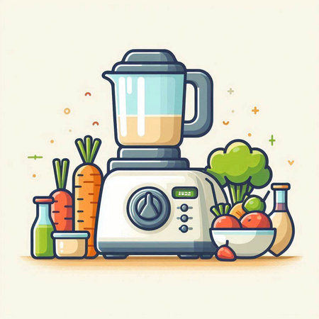 Illustration of a blender with ingredients for making smoothies, vector illustrationのイラスト素材