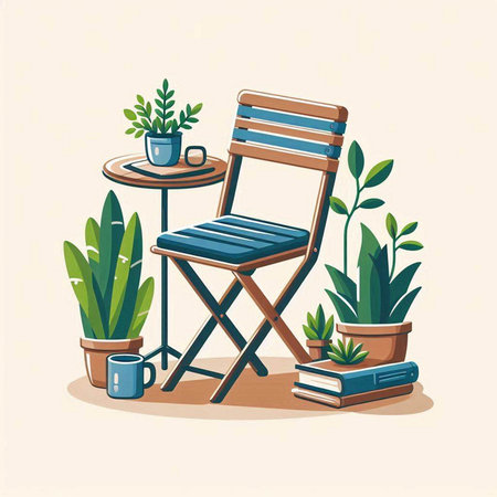 Wooden chair with coffee cup and plant in pot. Vector illustration.のイラスト素材