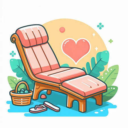 Hand drawn vector illustration of a deck chair with a basket of food and a heartのイラスト素材