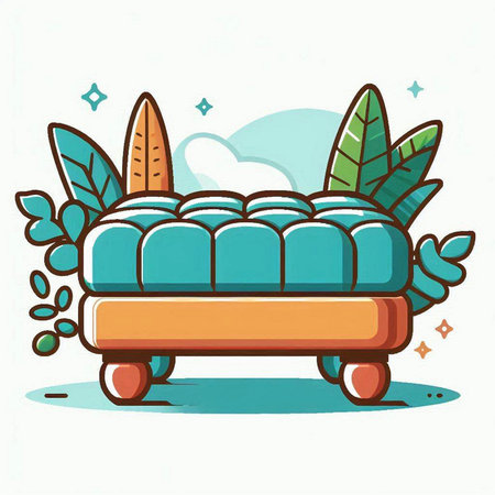 Vector illustration of a sofa with tropical leaves on a white background.のイラスト素材