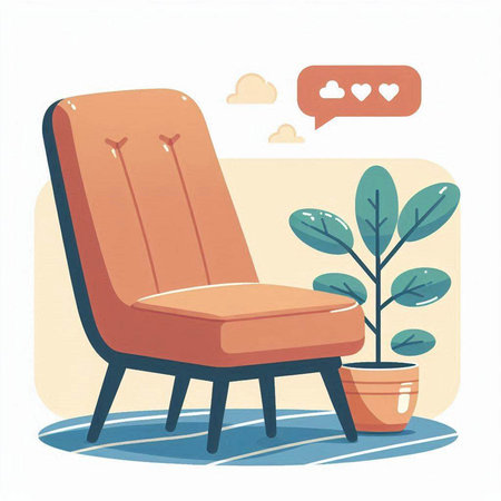 Vector illustration of a comfortable armchair with a plant in a pot.のイラスト素材