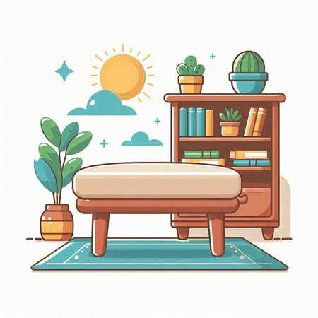 Vector illustration of a living room with a bed, bookshelves and a potted plantのイラスト素材