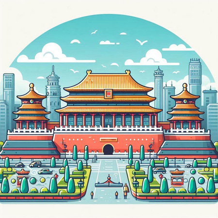Vector illustration of chinese temple in the city. Cartoon style.のイラスト素材