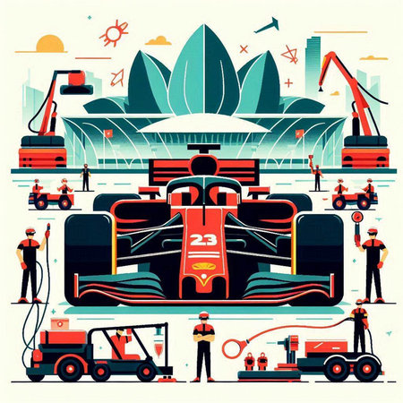 Vector illustration of a flat design of a racing car in a garage.のイラスト素材