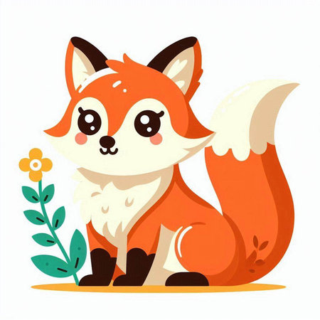 Cute cartoon fox with flowers on white background. Vector illustration.のイラスト素材