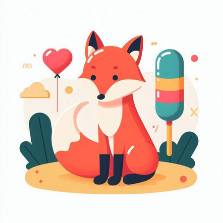 Cute cartoon fox sitting on the ground with ice cream. Vector illustrationのイラスト素材