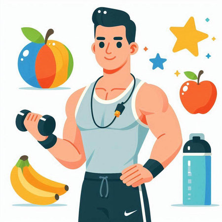 Fitness man with dumbbells and fruits. Vector illustration.のイラスト素材