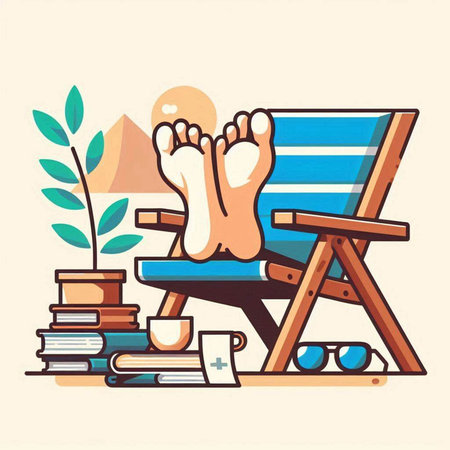 Relaxing in the sun, reading, reading, reading. Vector illustration.のイラスト素材