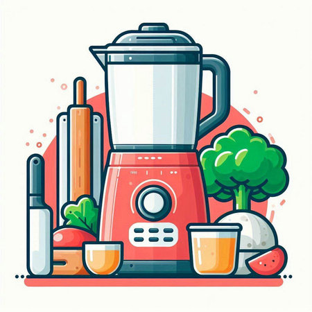 Kitchen appliances. Blender, cutlery, vegetables. Vector illustration.のイラスト素材