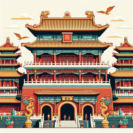 Chinese temple with dragon and seagulls. Vector illustration.のイラスト素材