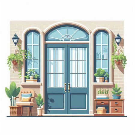 Vector illustration of a front door with plants and furniture on a white backgroundのイラスト素材