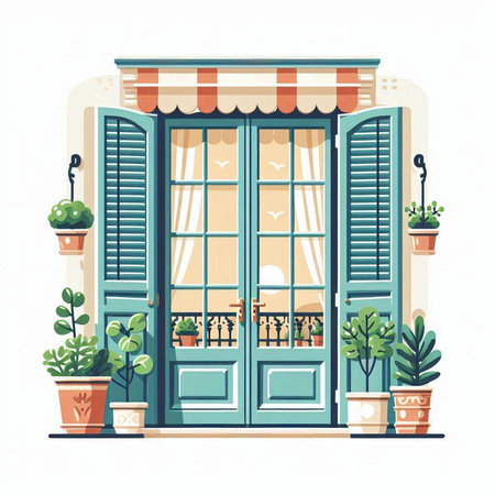 Facade of a shop with windows and plants. Vector illustration.のイラスト素材
