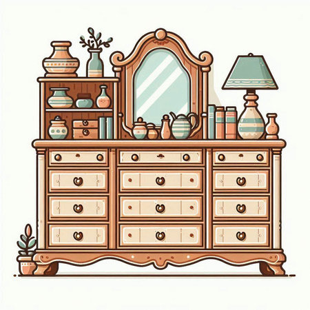 Illustration of a vintage wooden chest of drawers with vasesのイラスト素材