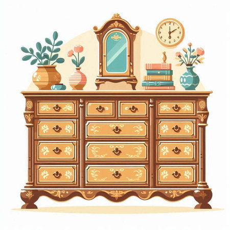 Vintage chest of drawers with vases and books. Vector illustration.のイラスト素材