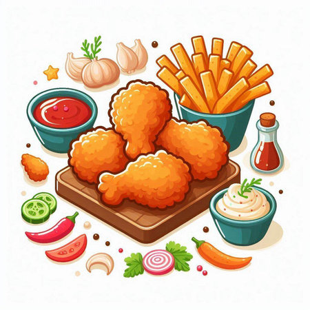 Illustration of fried chicken wings with sauces and vegetables on white backgroundのイラスト素材