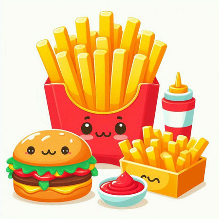 Fast food kawaii french fries and hamburger. Vector illustrationのイラスト素材