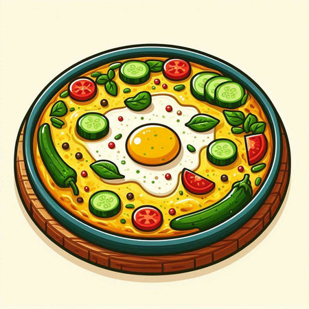 Illustration of a pizza with eggs and vegetables on a wooden plateのイラスト素材